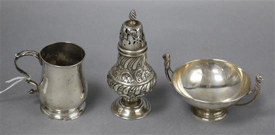 A George II small silver mug, London, 1766, together with a later silver sugar caster and a silver bowl, 7 oz.